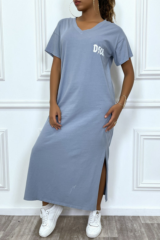 Very long blue V-neck T-shirt dress with luxury inspired writing - 1