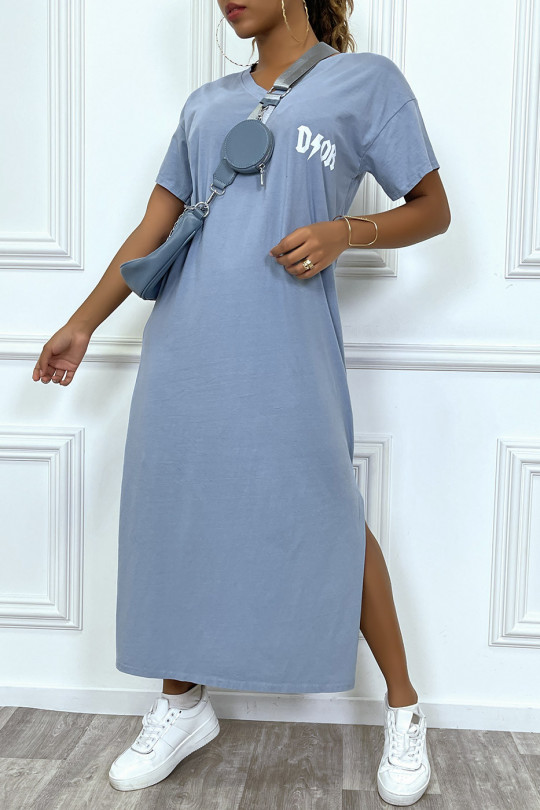 Very long blue V-neck T-shirt dress with luxury inspired writing - 3