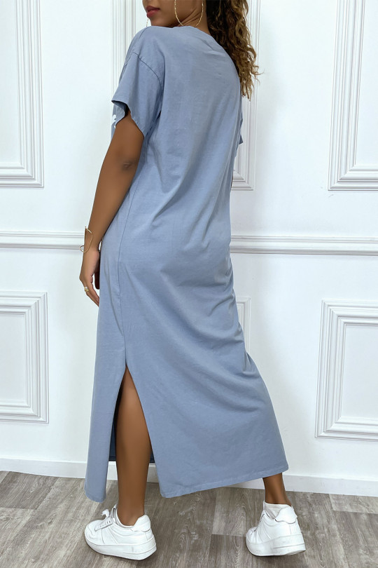 Very long blue V-neck T-shirt dress with luxury inspired writing - 4