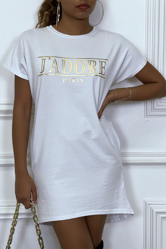 Robe T-shirt courte asymétrique blanc avec écriture doré "J'adore" et poches - 1
