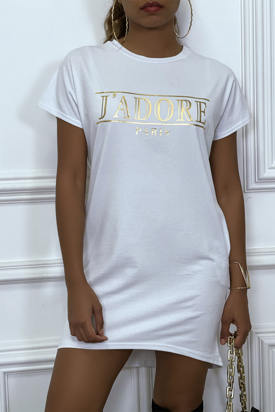 Robe T-shirt courte asymétrique blanc avec écriture doré "J'adore" et poches - 3