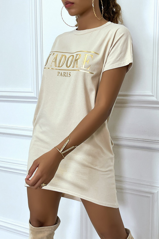 Robe T-shirt courte asymétrique beige avec écriture doré "J'adore" et poches - 7