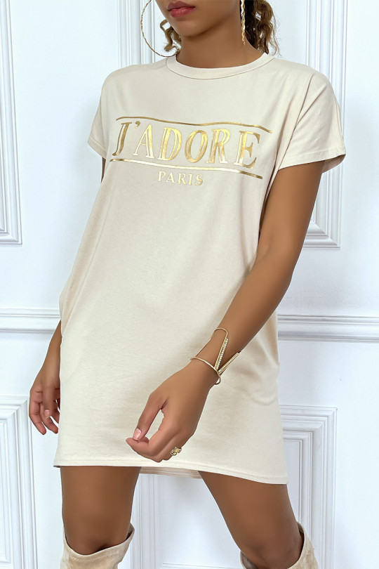 Robe T-shirt courte asymétrique beige avec écriture doré "J'adore" et poches - 8