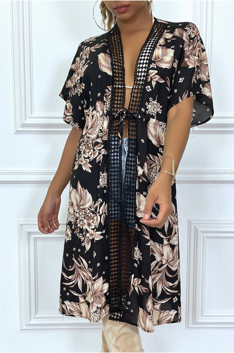 Kimono mi-long noir motif floral en vieux rose - 3