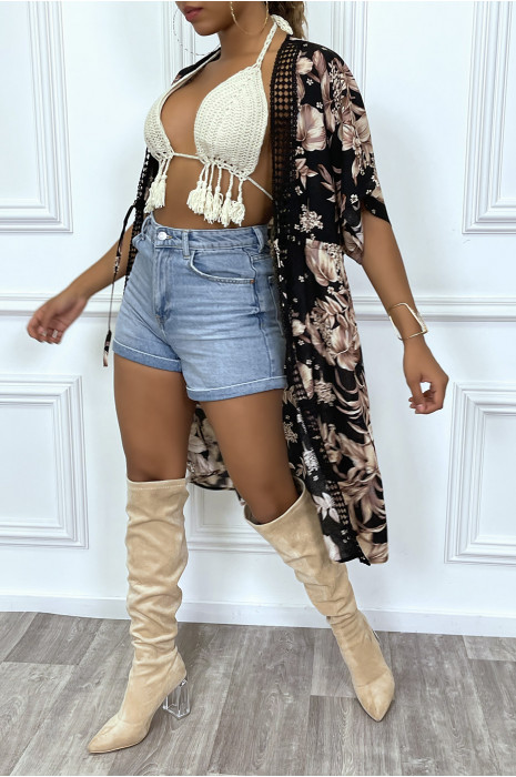 Mid-length black kimono with floral pattern in old pink - 5