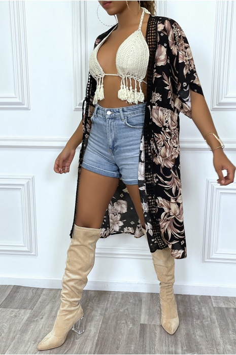 Halflange zwarte kimono met bloemenpatroon in oudroze - 6