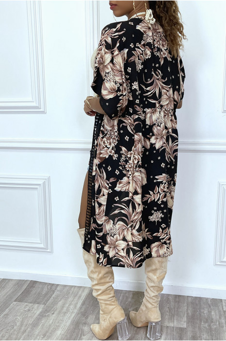 Kimono mi-long noir motif floral en vieux rose - 7