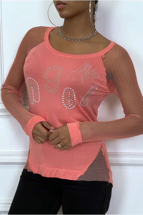 Top corail à strass et manches en résille - 1