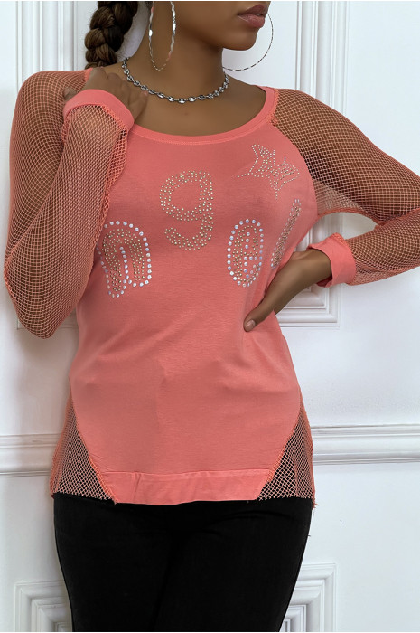 Top corail à strass et manches en résille - 4