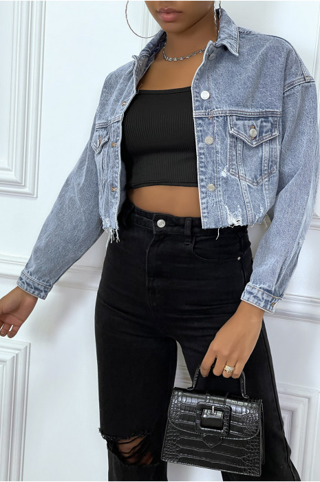 Blauw gescheurd cropped jeansjack - 1