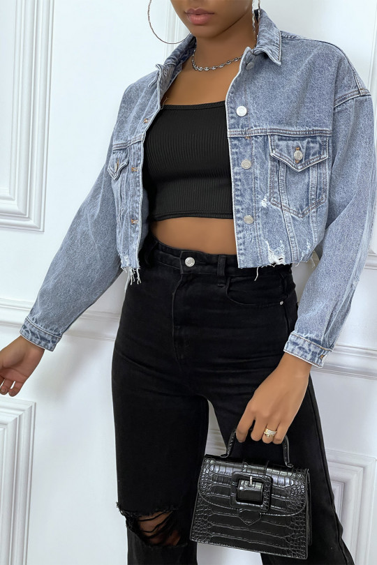 Blue ripped cropped jeans jacket - 1