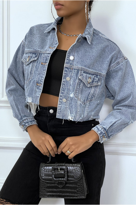 Blauw gescheurd cropped jeansjack - 2