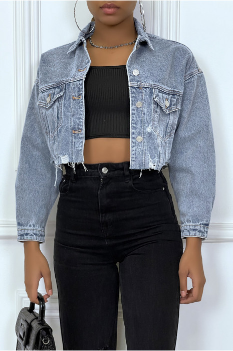 Blue ripped cropped jeans jacket - 3