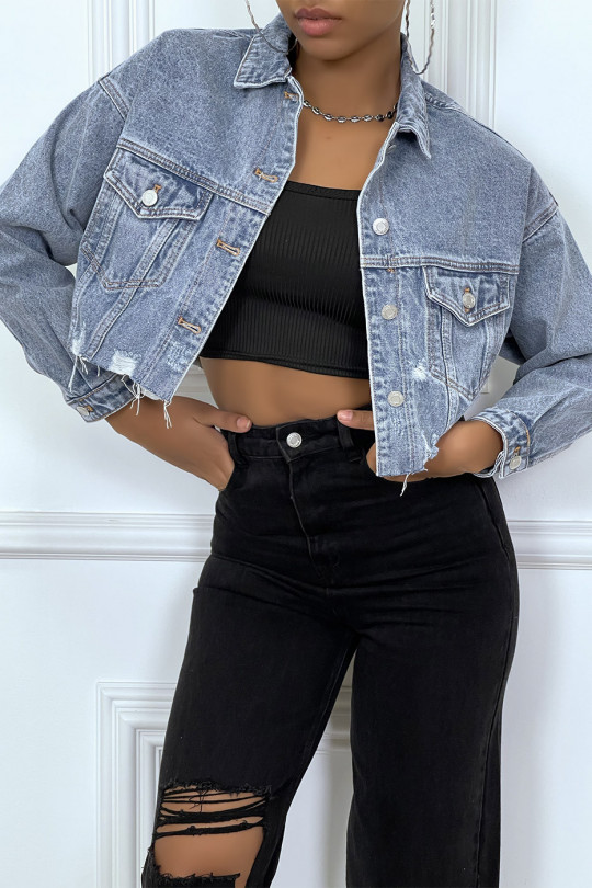 Blue ripped cropped jeans jacket - 4