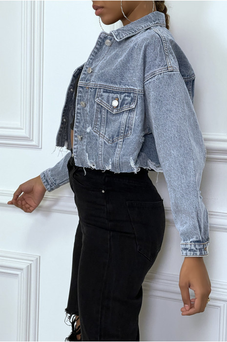 Veste en jeans bleu cropée effet déchiré - 5