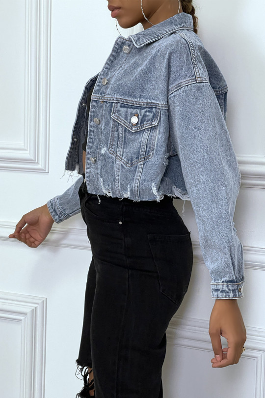 Blue ripped cropped jeans jacket - 5