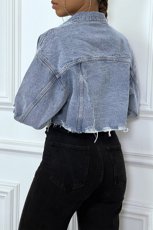 Blue ripped cropped jeans jacket - 6