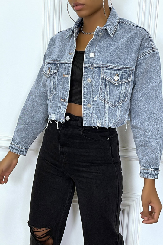 Blue ripped cropped jeans jacket - 9