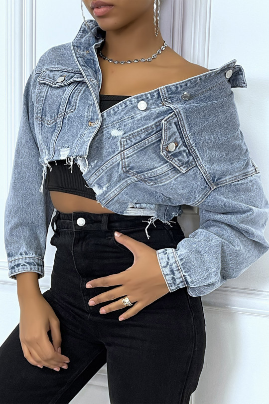 Blue ripped cropped jeans jacket - 10