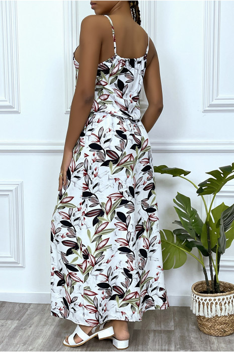 Long white leaf pattern dress with high collar and elastic waist - 3