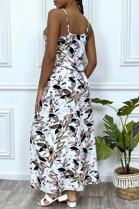 Long white leaf pattern dress with high collar and elastic waist - 3