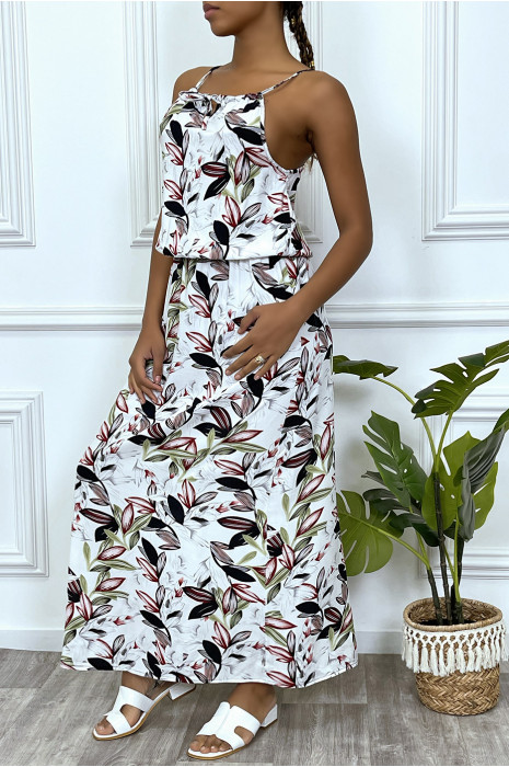 Robe longue blanche motif feuilles avec col montant et elastique à la taille - 4