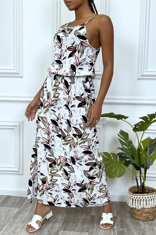 Long white leaf pattern dress with high collar and elastic waist - 5