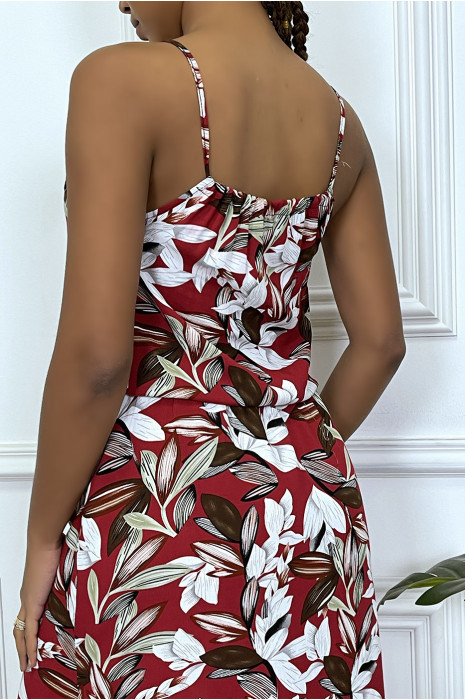 Robe longue rouge motif feuilles avec col montant et elastique à la taille - 2