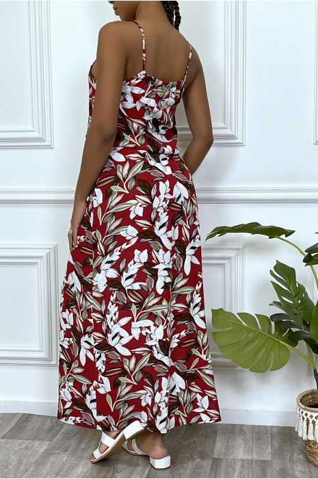 Robe longue rouge motif feuilles avec col montant et elastique à la taille - 3