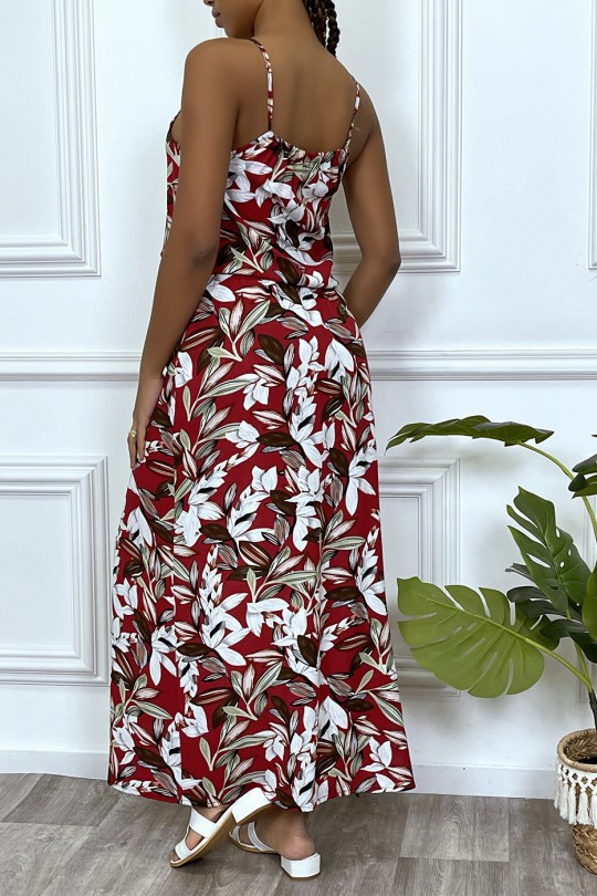 Robe longue rouge motif feuilles avec col montant et elastique à la taille - 3