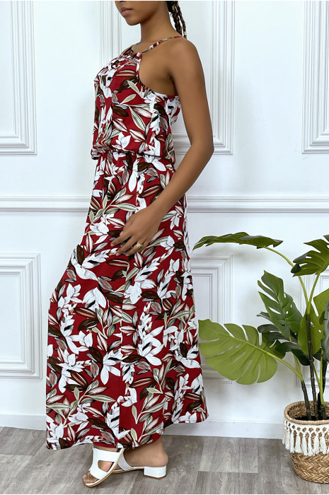 Robe longue rouge motif feuilles avec col montant et elastique à la taille - 4