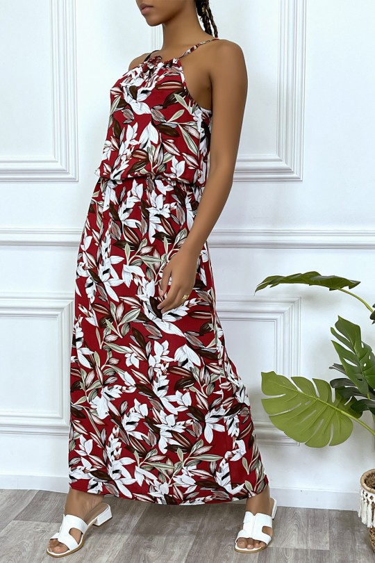 Robe longue rouge motif feuilles avec col montant et elastique à la taille - 5