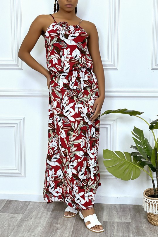 Robe longue rouge motif feuilles avec col montant et elastique à la taille - 6