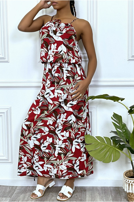 Robe longue rouge motif feuilles avec col montant et elastique à la taille - 7