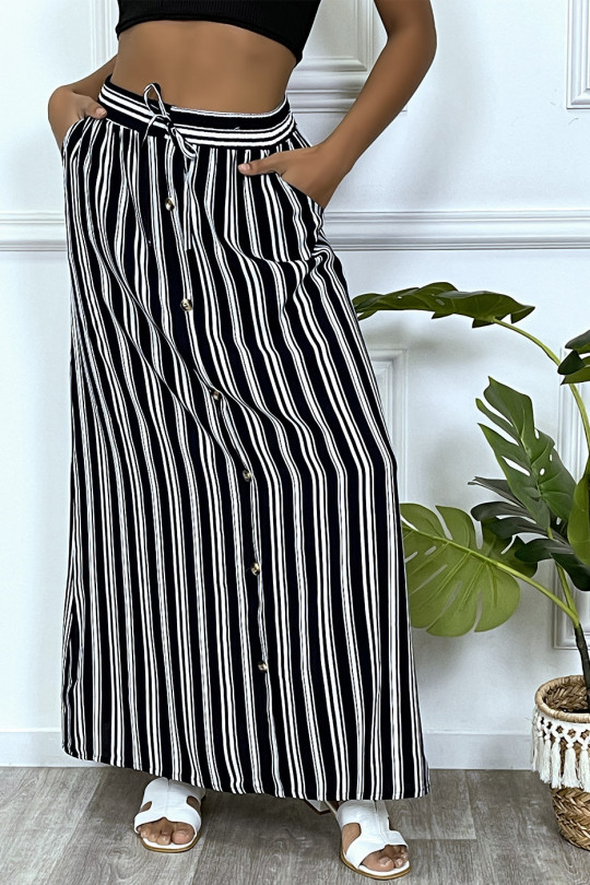 Long navy striped skirt with straight cut and buttons - 2