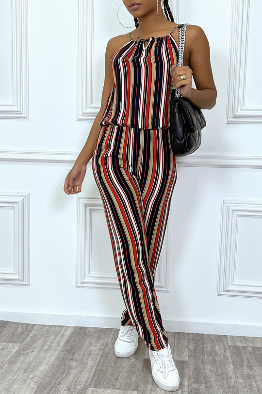 Red striped jumpsuit with high collar - 8