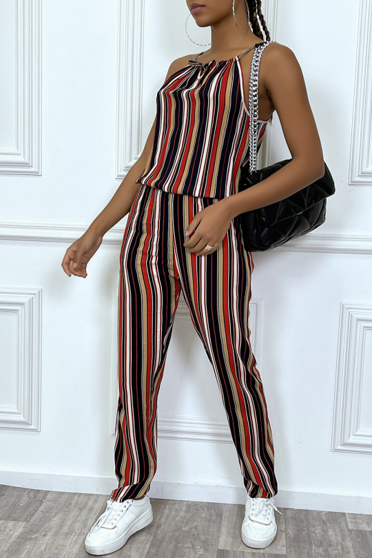 Red striped jumpsuit with high collar - 9