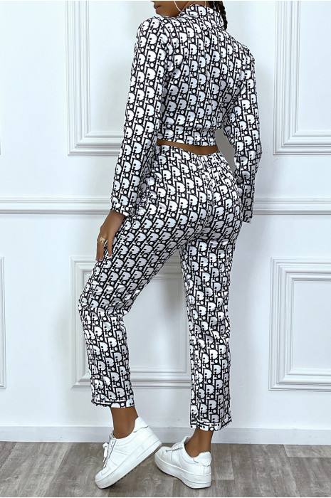 Ensemble pantalon cosy satinée blanc à motif inspiration marque de luxe - 1