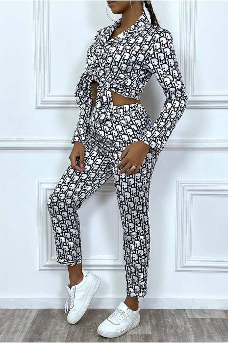 Ensemble pantalon cosy satinée blanc à motif inspiration marque de luxe - 2