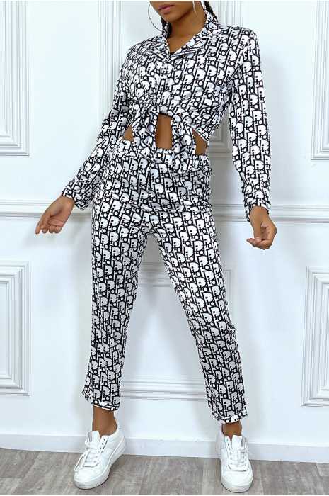 Ensemble pantalon cosy satinée blanc à motif inspiration marque de luxe - 3
