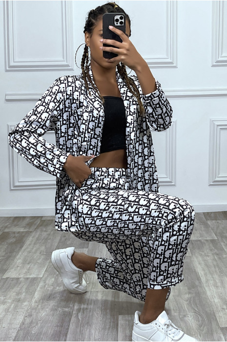 Ensemble pantalon cosy satinée blanc à motif inspiration marque de luxe - 7