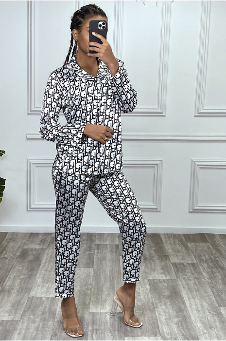 Ensemble pantalon cosy satinée blanc à motif inspiration marque de luxe - 10
