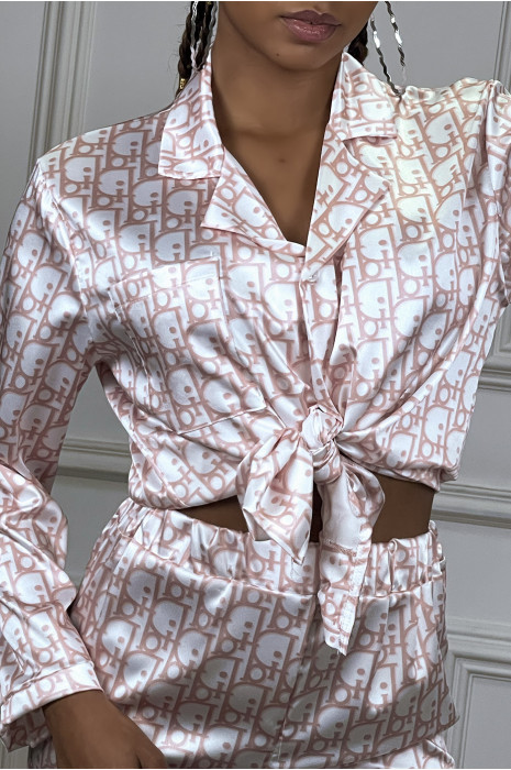 Ensemble pantalon cosy satinée rose à motif inspiration marque de luxe - 5