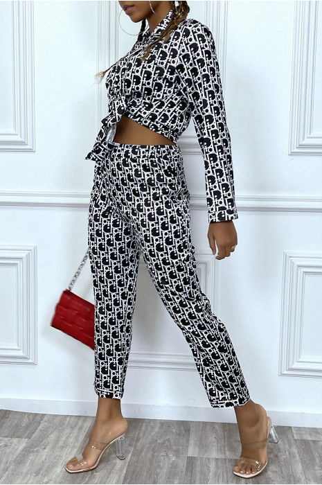 Ensemble pantalon cosy satinée noir à motif inspiration marque de luxe - 5