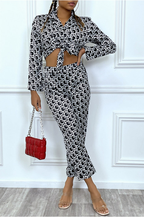 Ensemble pantalon cosy satinée noir à motif inspiration marque de luxe - 6