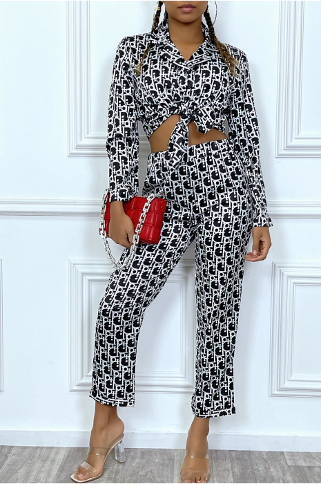 Ensemble pantalon cosy satinée noir à motif inspiration marque de luxe - 8