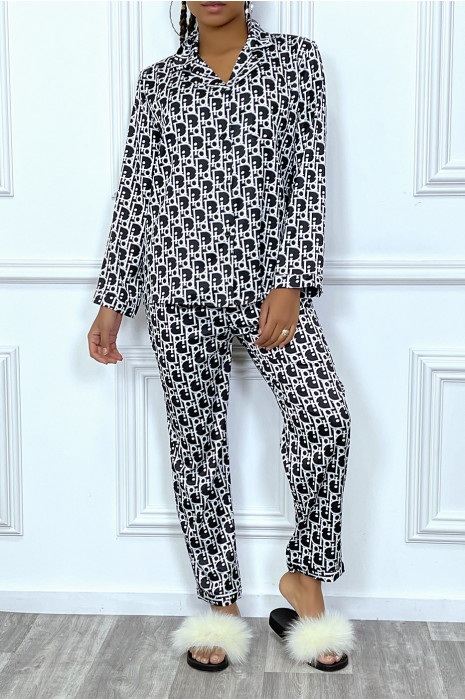Ensemble pantalon cosy satinée noir à motif inspiration marque de luxe - 9