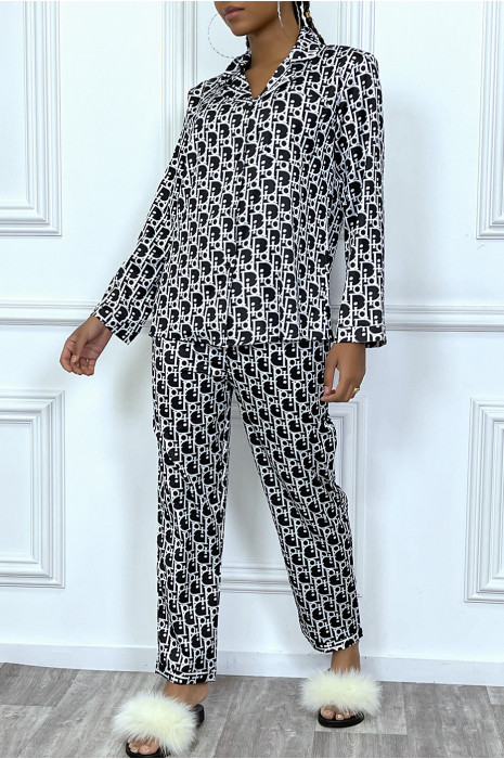Ensemble pantalon cosy satinée noir à motif inspiration marque de luxe - 10