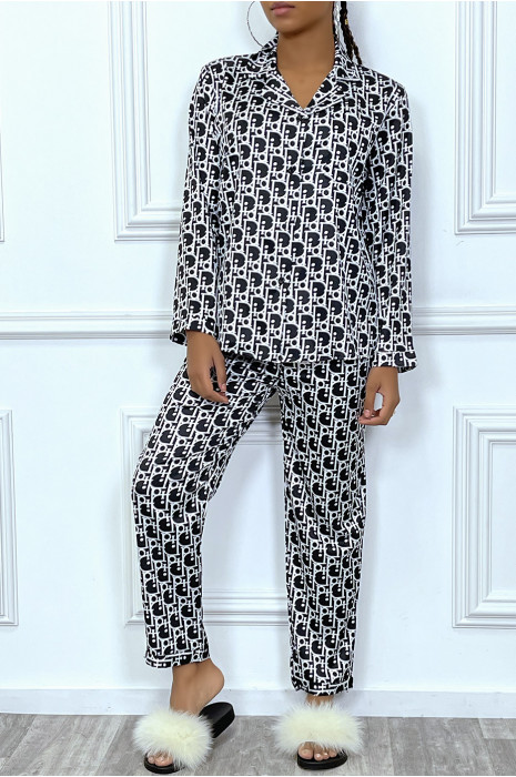 Ensemble pantalon cosy satinée noir à motif inspiration marque de luxe - 11