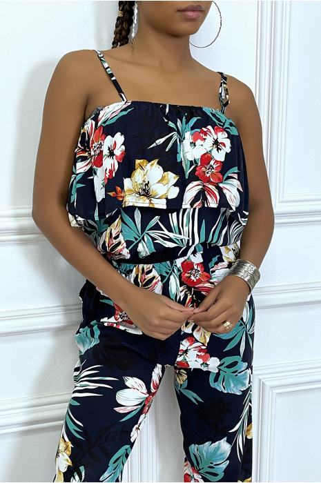 Combinaison pantalon marine fleuri avec volant au buste - 2